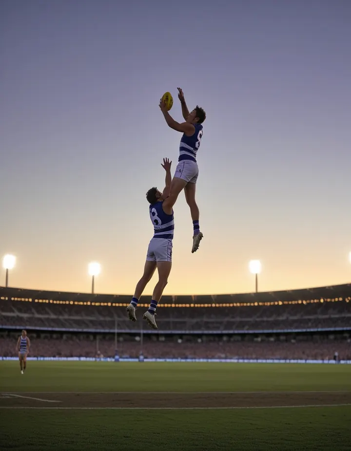 Australian rules footballers contest a high mark at a big oval at dusk