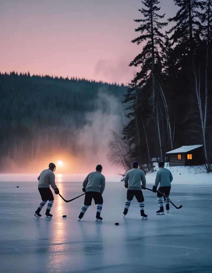 Ice hockey on a frozen lake in Canada at dusk