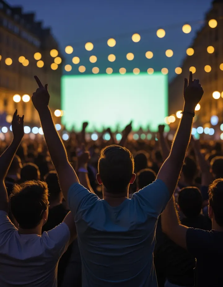 Fans watching a match together on a city square at night