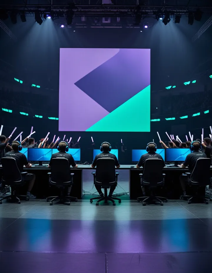 Esports players on a lit stage in front of a large audience