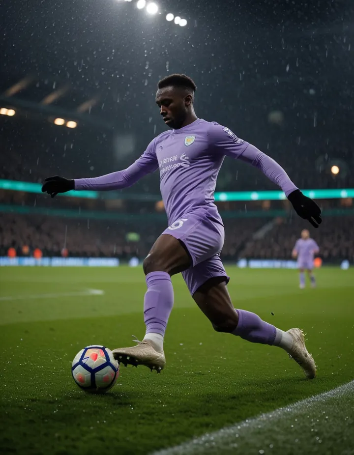 A footballer strikes the ball under floodlights in the rain