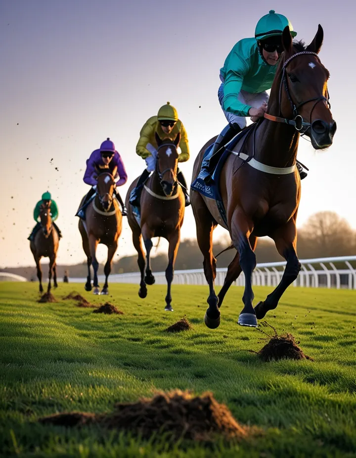 Racehorses at full gallop on turf, jockeys low in the saddle
