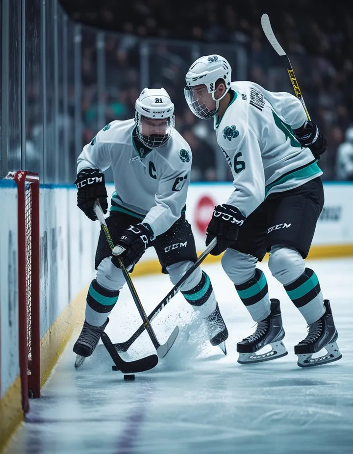 Two ice hockey players battle for the puck along the boards