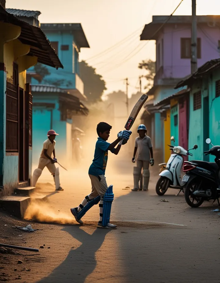 Children play street cricket in an Indian city lane at golden hour