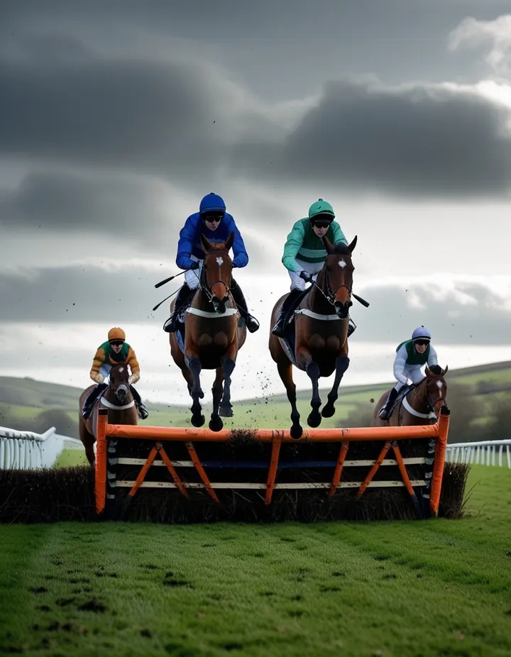 Racehorses clear a hurdle on green Irish turf under a grey sky