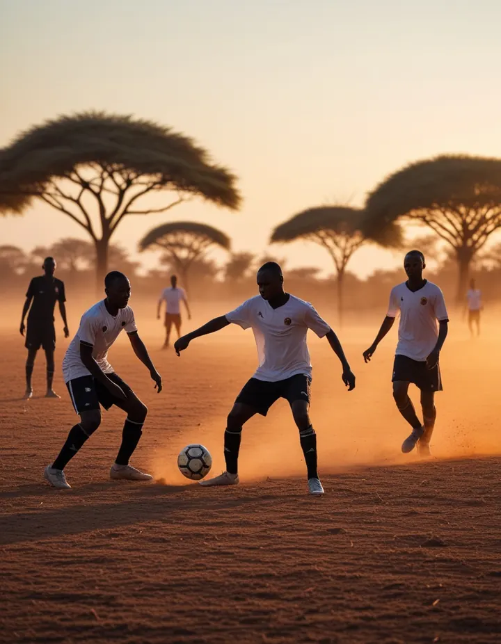 Young players kick a football on a dusty pitch in Kenya at sunset