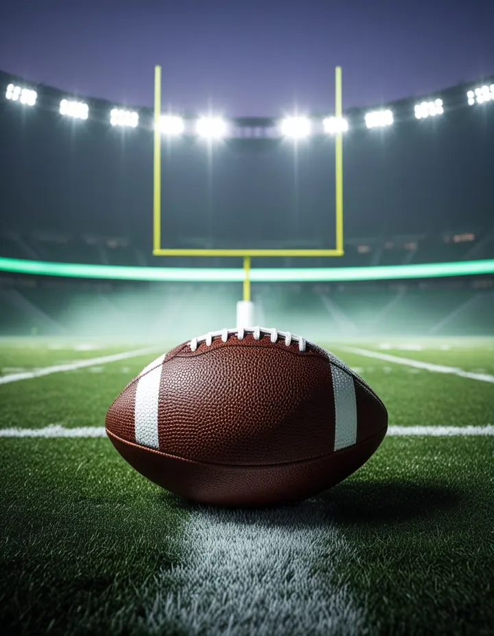 An American football on the grass of an empty stadium, goalposts behind