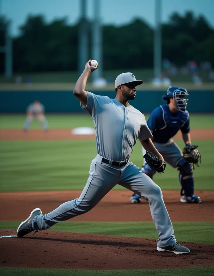 A pitcher winds up on the mound at a night game