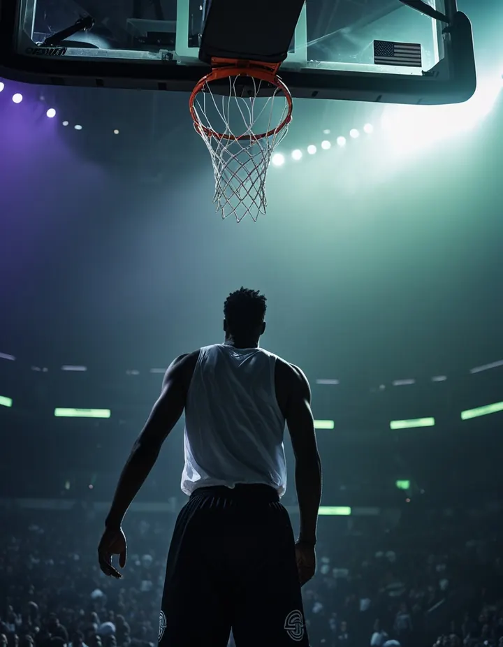 A basketball player seen from behind beneath the rim in arena light