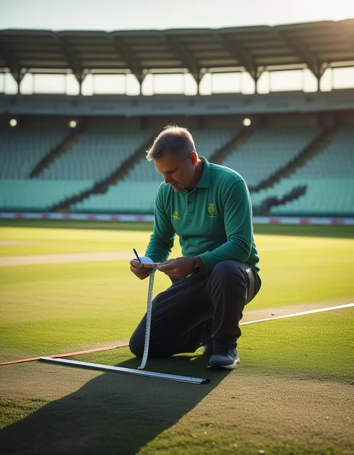 A groundsman measures the pitch before a cricket match