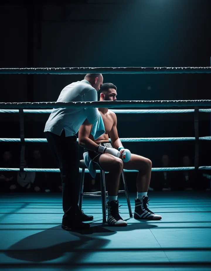 A boxer rests on the stool between rounds as the coach talks