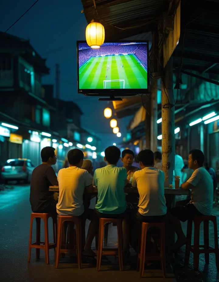 A night market street in Asia with a football match on a café television