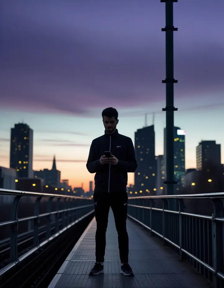 A commuter on a train platform at dusk with a phone, stadium lights in the distance