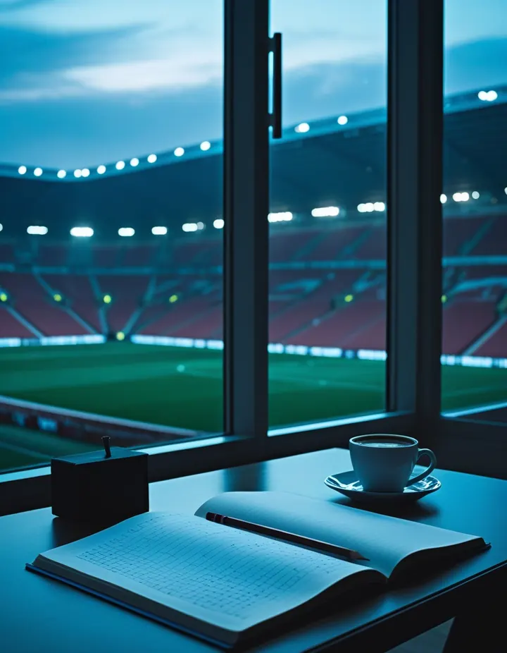 A trader's desk at dawn beside a window over an empty stadium