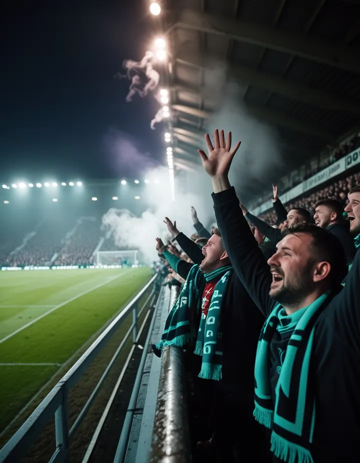Fans watch a late goal from a packed terrace under floodlights