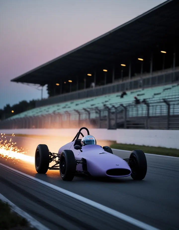A single-seater racing car blurs past a grandstand at dusk