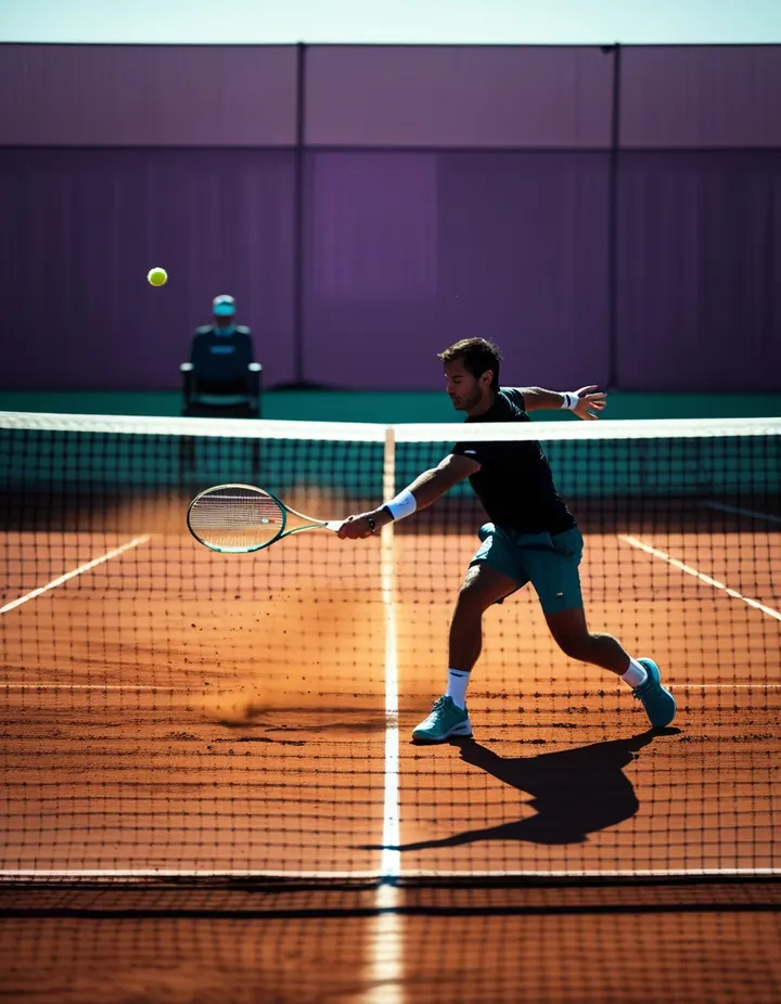 A tennis rally seen from courtside at the moment of contact