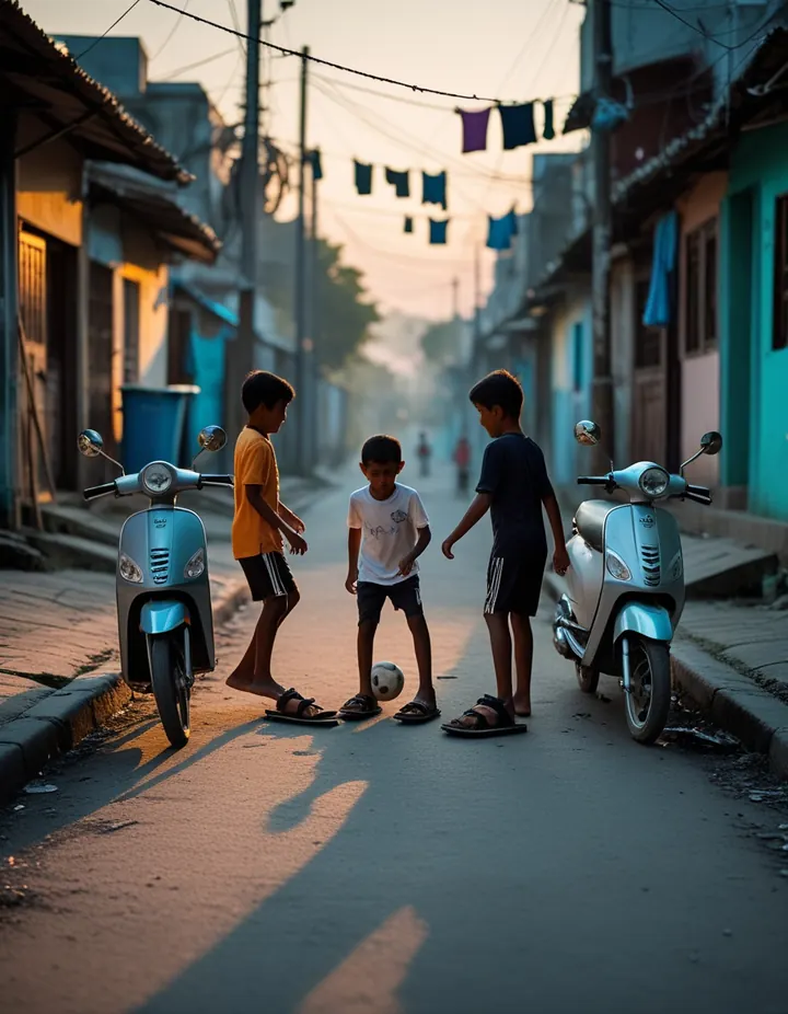 Children play street football between parked scooters