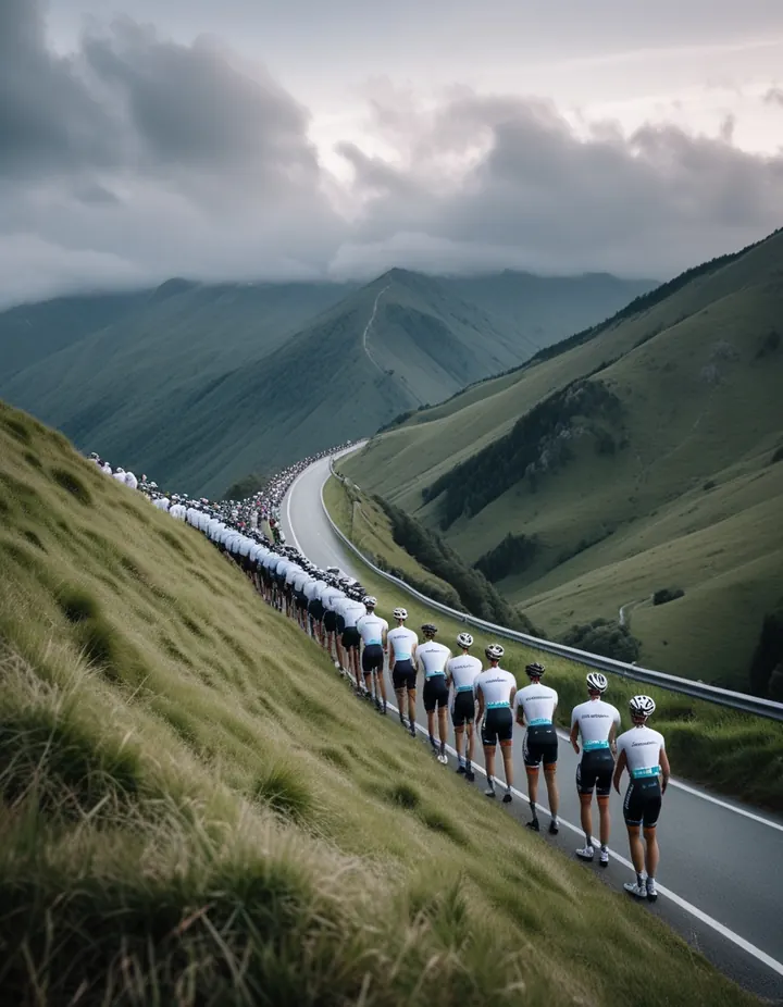 Spectators on a hillside watch a cycling race approach