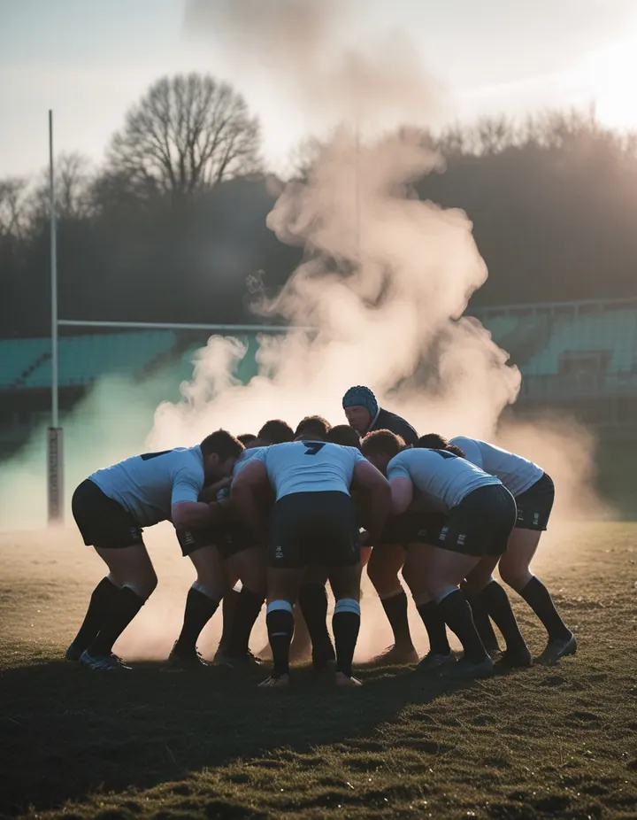 Two rugby packs bind for a scrum on a muddy pitch