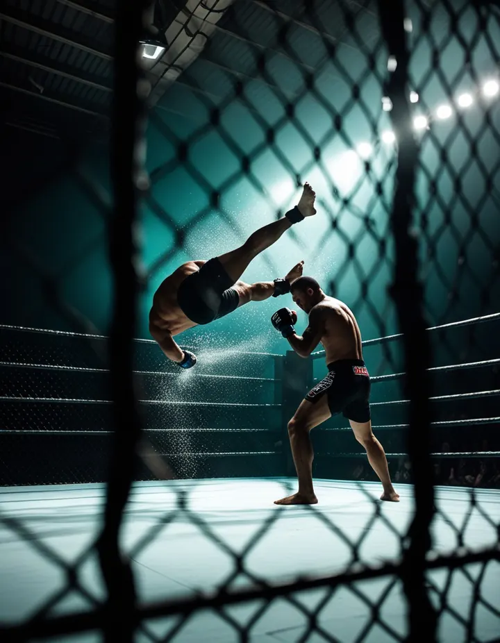 Two fighters seen through the cage fence as one throws a high kick