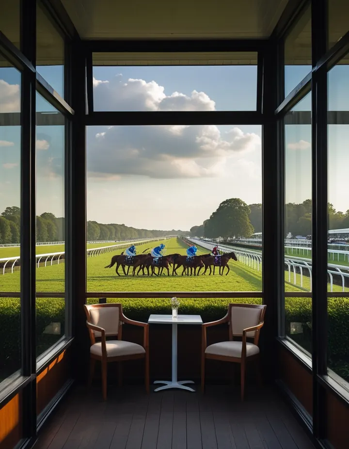 A private box overlooking a racecourse on a big race day