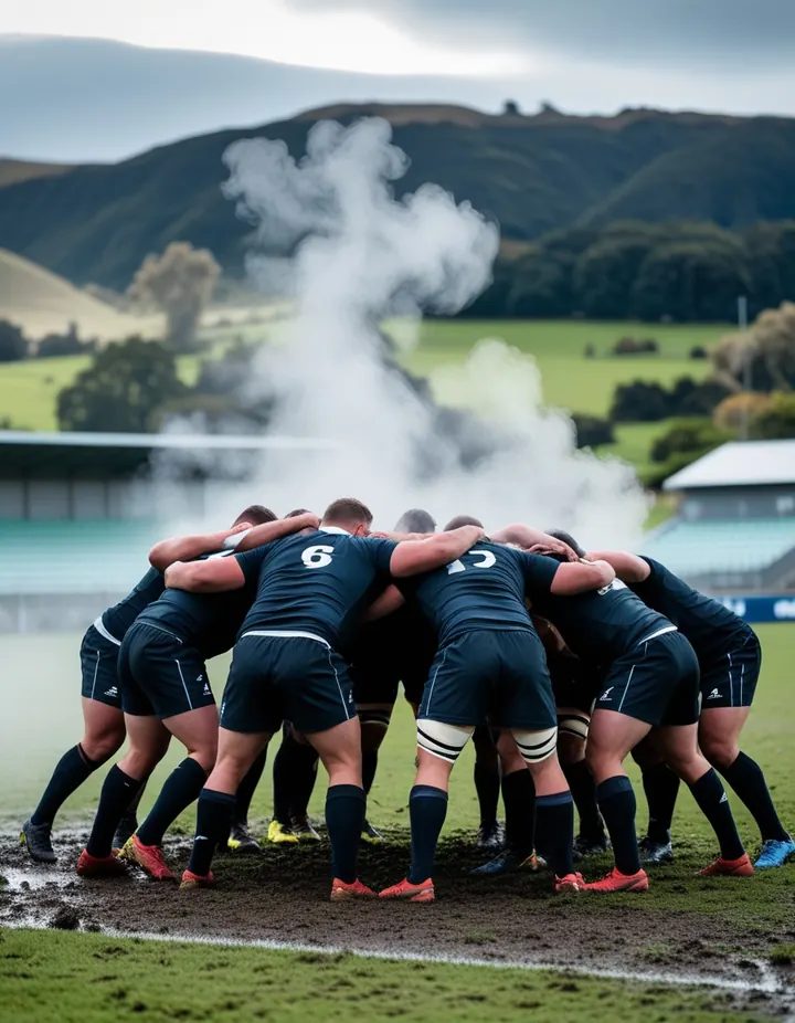 A rugby scrum on a muddy pitch with green hills beyond