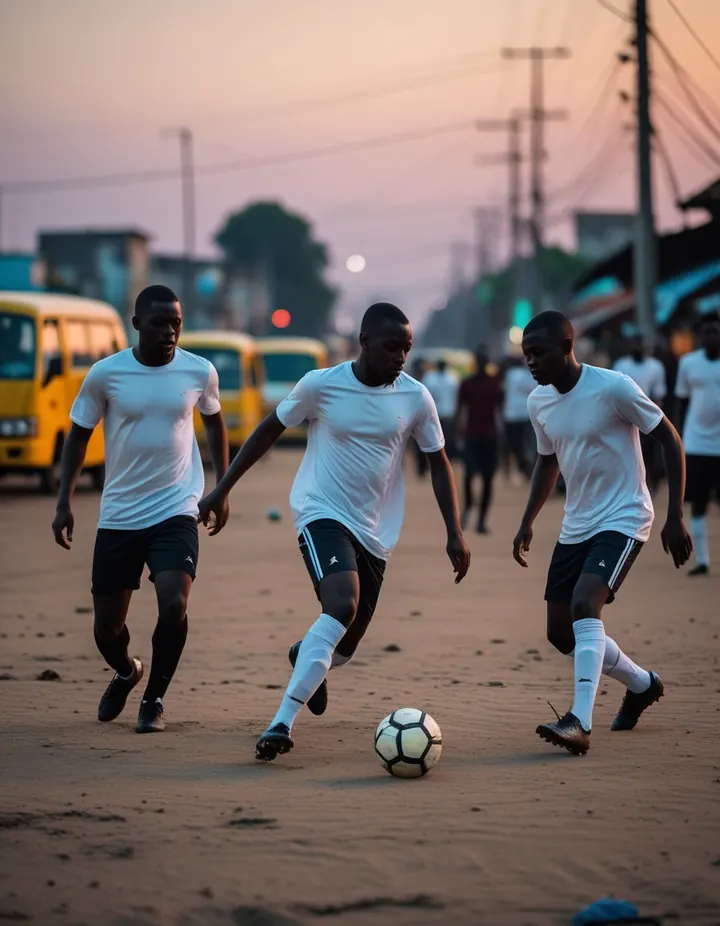 Street football in Lagos at dusk with yellow minibuses behind
