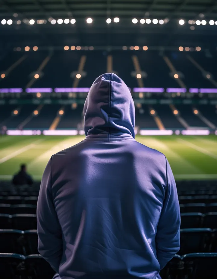 A figure in a hood watches a match from the back row of a dark stand