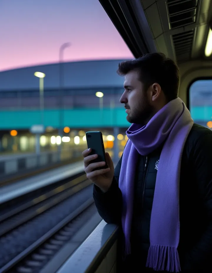 A fan on a train holds a phone on the way to a match