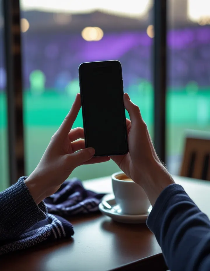 Crypto Betting Sites: Hands hold a phone at a café table before kick-off Hands hold a phone at a café table before kick-off