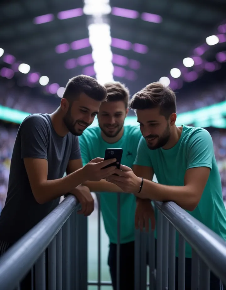 Crypto Betting Sites: Friends gather around a phone on a stadium concourse Friends gather around a phone on a stadium concourse