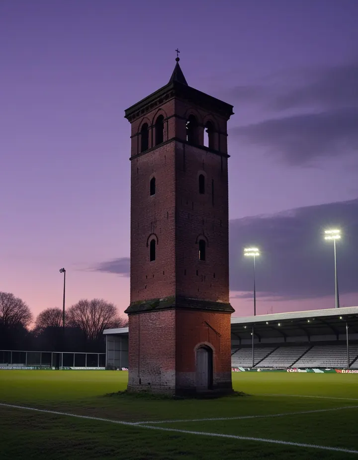An old brick tower beside a football ground at dusk