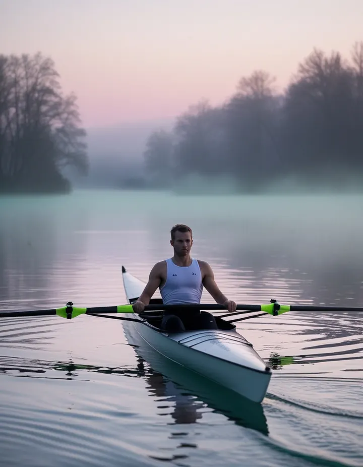 A rower glides through mist on a still lake at dawn