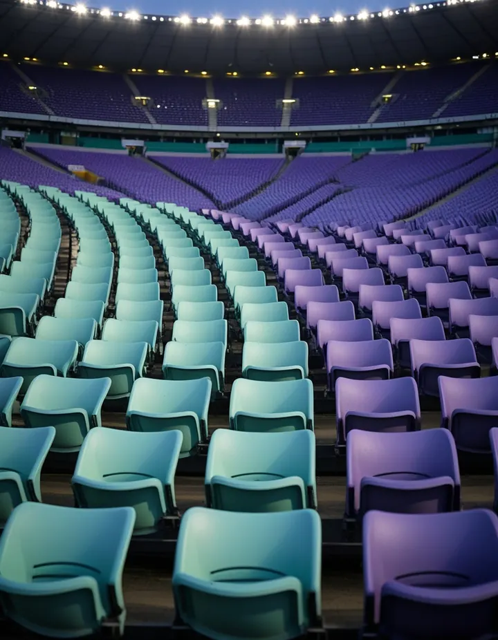 Rows of empty stadium seats in violet and mint light