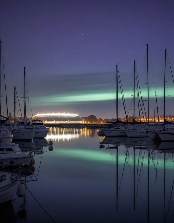 A calm harbour at night with a stadium glowing beyond