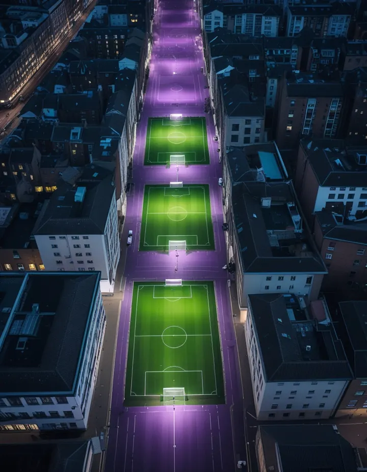 Small pitches lit across a city at night, seen from above