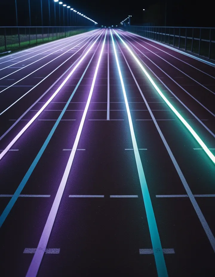 A blur of light streaks down an empty running track