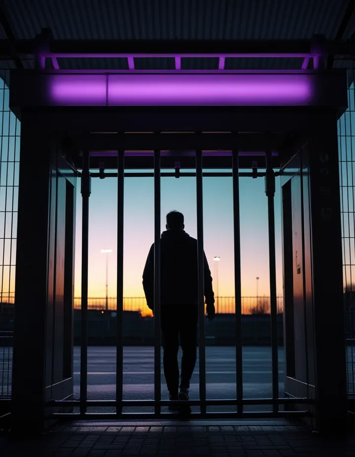 A turnstile at a stadium entrance at dusk