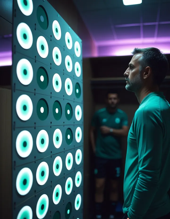 A coach sketches on a tactics board in a dim dressing room