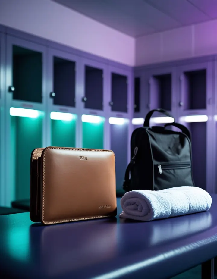A locker with a kit bag and a wallet on the bench