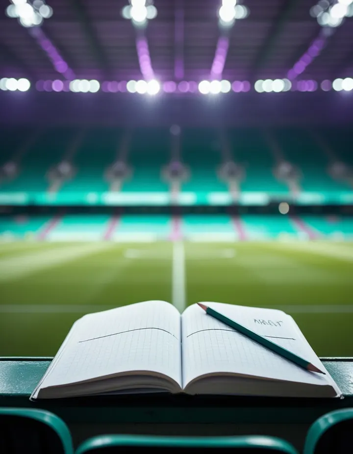 A notebook and pencil on a stadium seat before a match