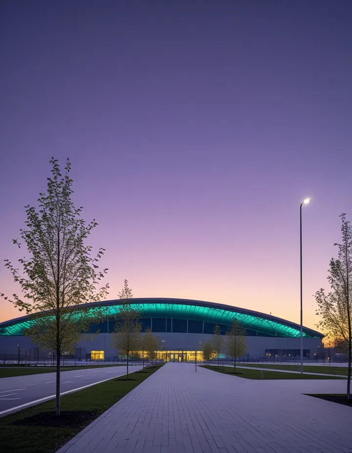 A new stadium roof glows at dusk