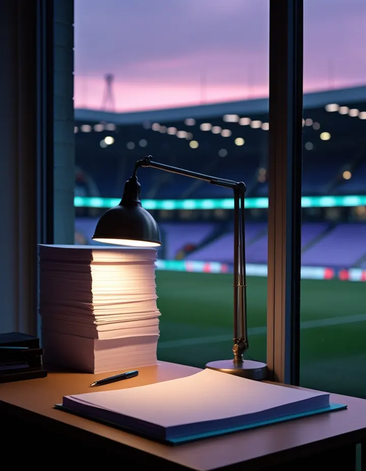 A desk with a stack of papers by a window over a stadium