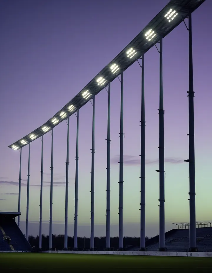 A row of stadium floodlight towers at dusk