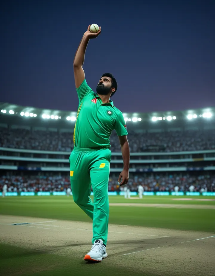 A fast bowler delivers under floodlights in a packed cricket stadium