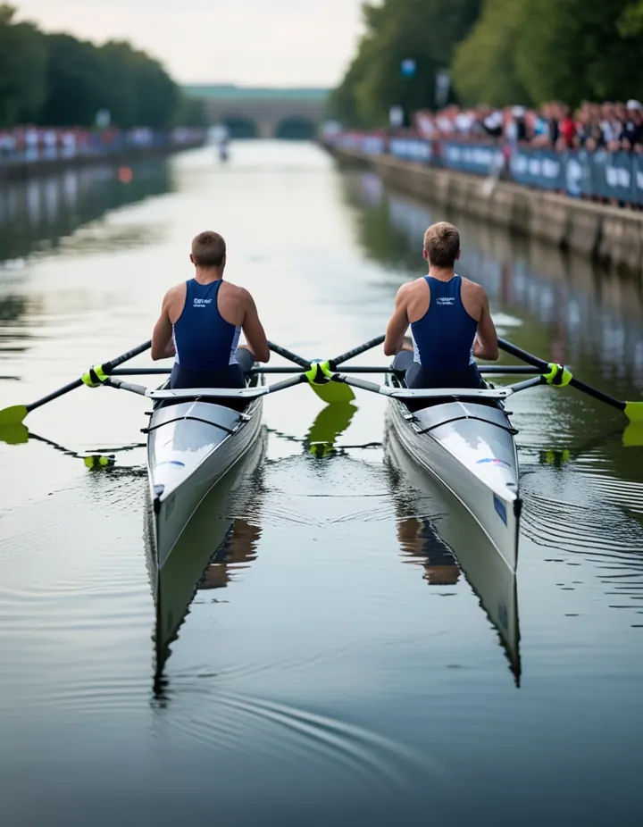 Two rowing crews level as they cross the line