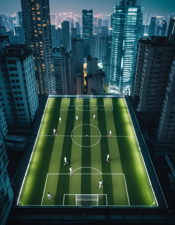 A football match on a rooftop pitch in an Asian city at night