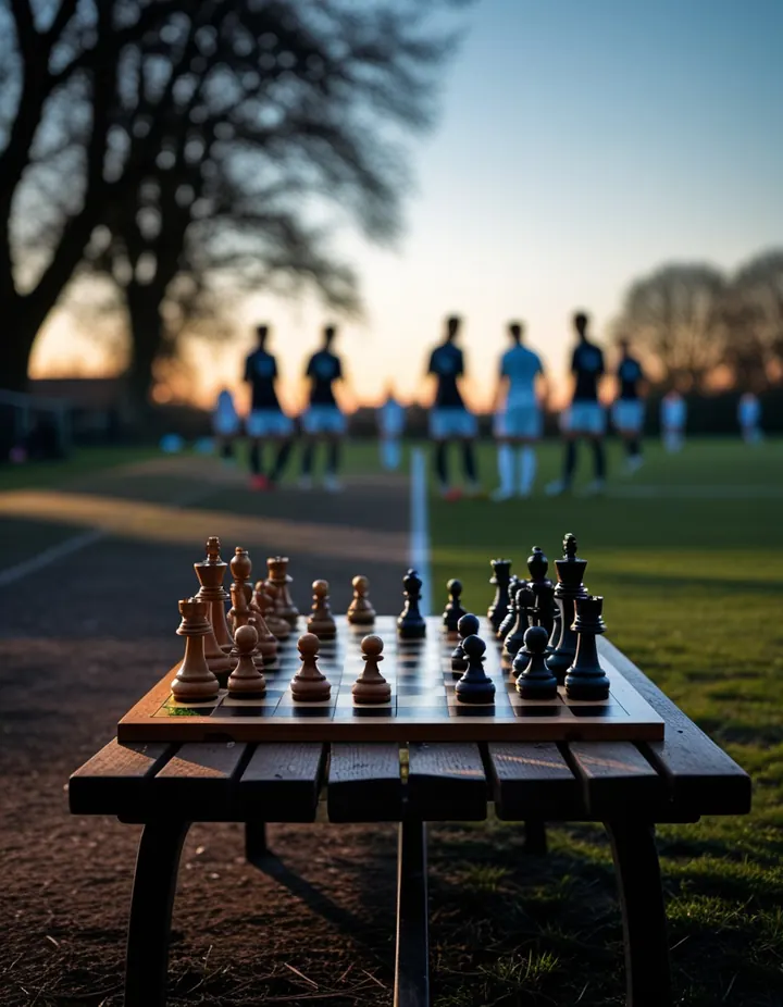 A chessboard on a park bench beside a football pitch