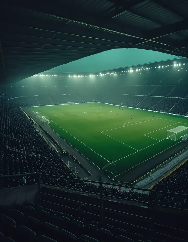 A floodlit stadium at night seen from high in the stands during a match